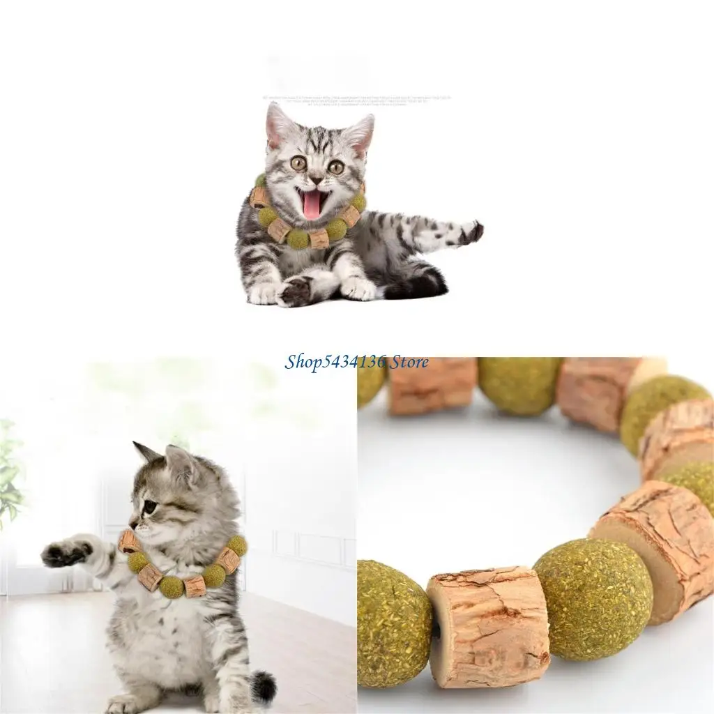 H7ED Catnips Teething Collar Catnips Chain Neck Collar for Males Females Cats Pet Teething Ball for Relieving Stress