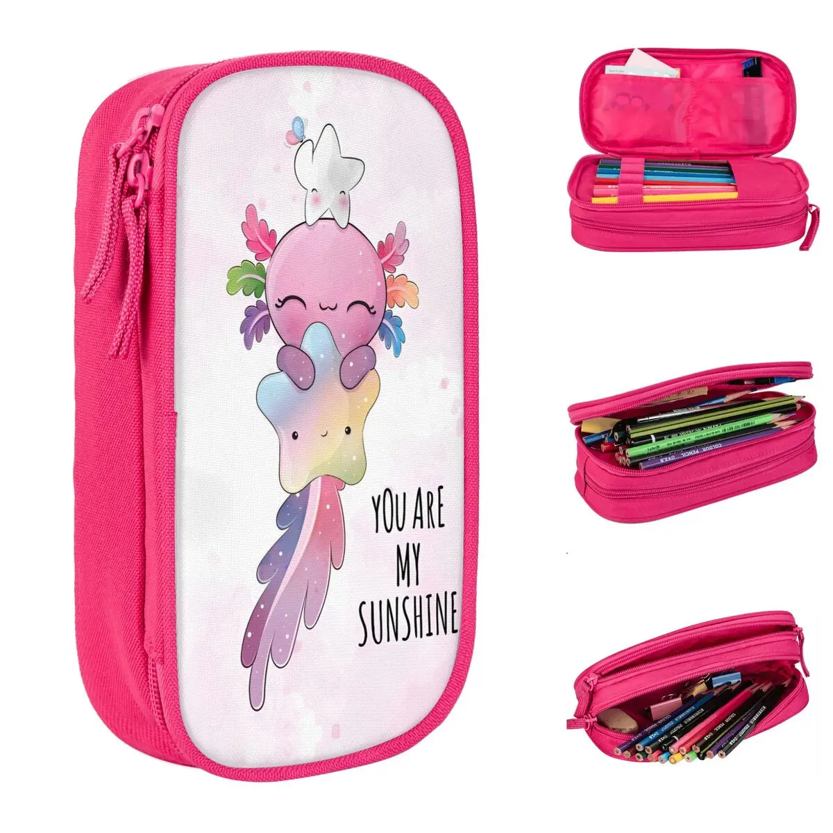 Creative Axolotl You Are My Sunshine Pencil Case Mexican Salamander Animal Pencilcases Pen Box Kids Large Storage Bags