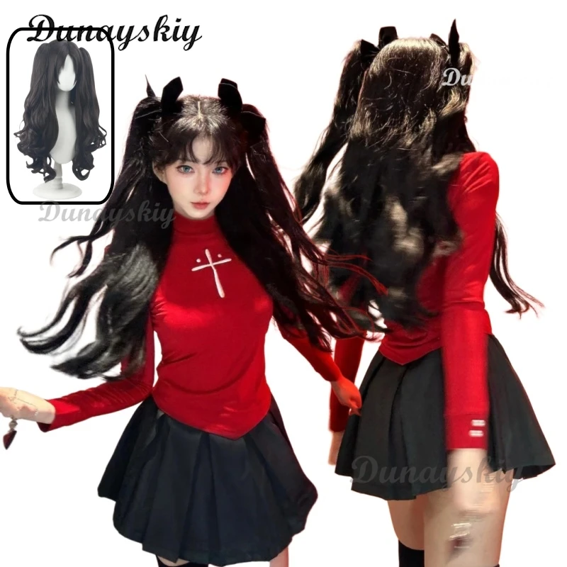 

Anime Fate Stay Night Tohsaka Rin Cosplay Costumes Girl Red Shirt Skirt Women Halloween Costumes Dress Headwear Role Play