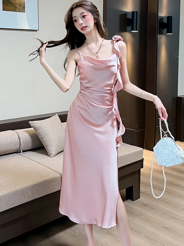 

2025 Pink Satin Pleated Bodycon Ruffled Sling Sexy Long Dress Summer Elegant Dance Party Dress Women Korean Luxury Evening Dress