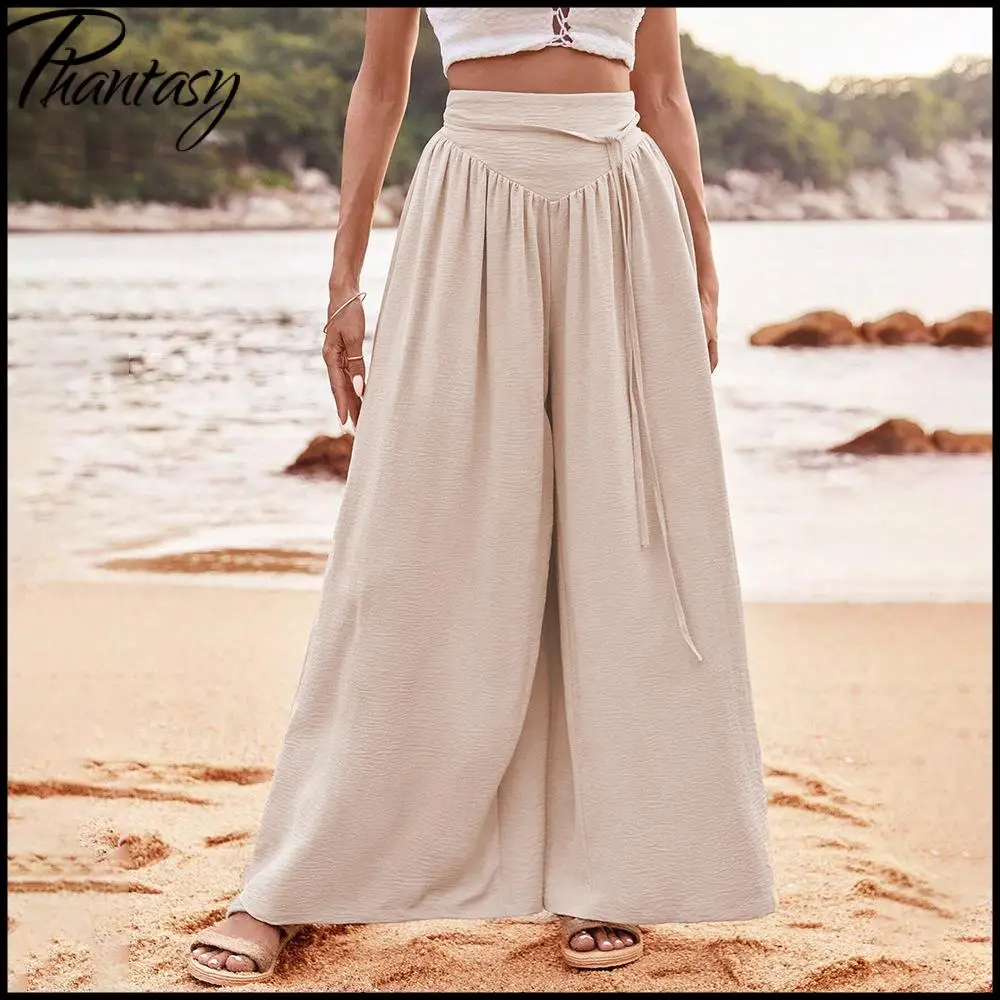 Elegant Wide-Leg Solid Pants Casual Resort Wear High-Waisted Elastic Waist Women's Long Pants Summer Commuter Lady Dress Up