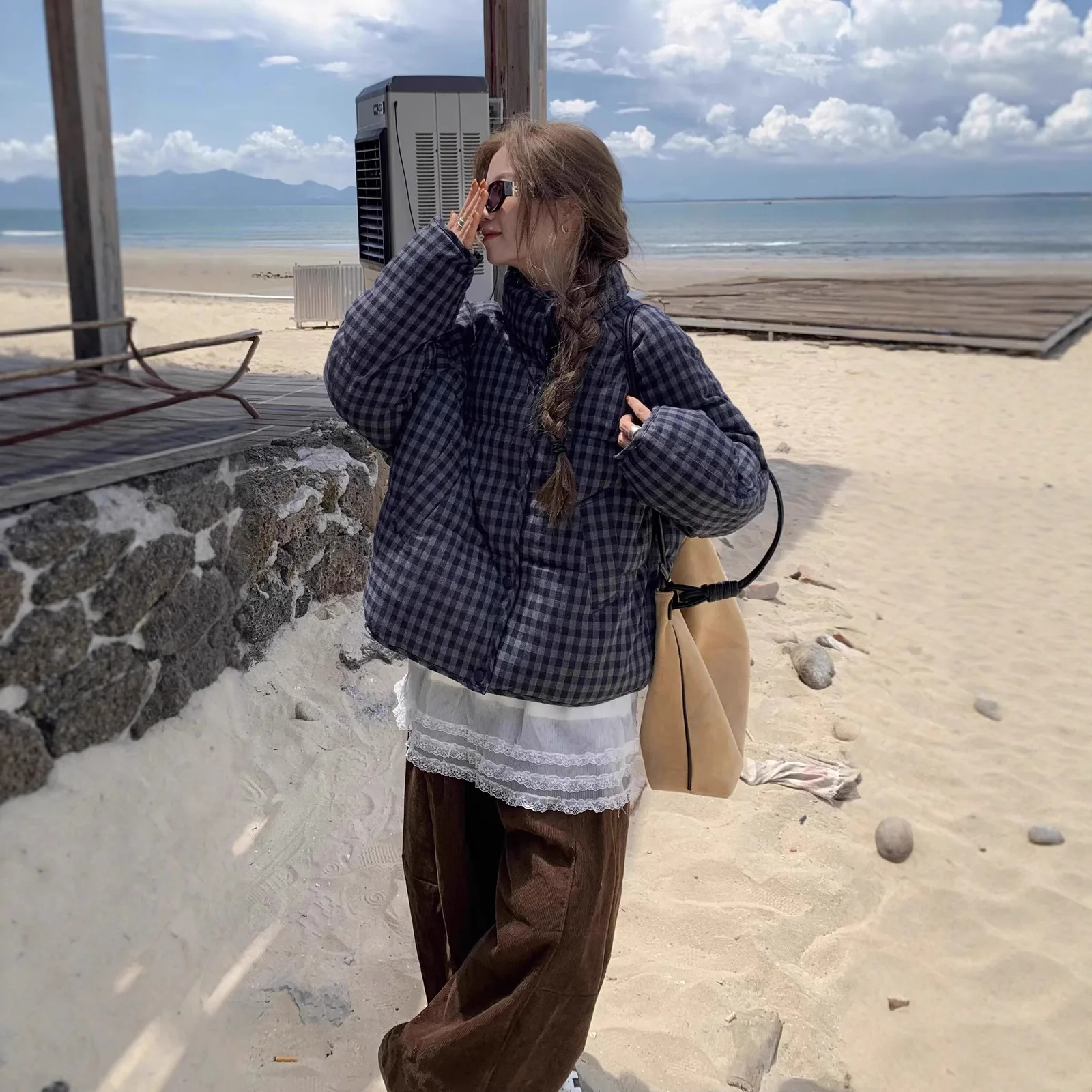 

Корейская клетчатая хлопковая куртка в стиле ретро для женщин зимы 2025, новая хлопковая куртка, свободная хлопковая куртка