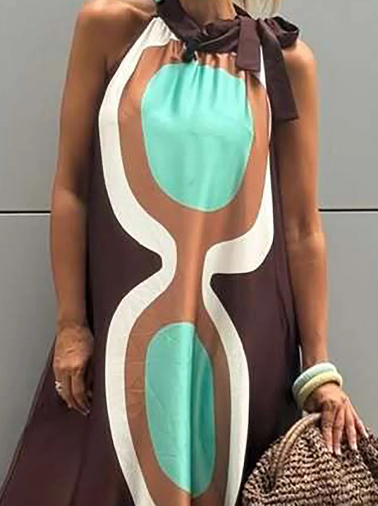 Moda padrão impresso bohe vestido longo verão elegante o pescoço rendas vestido de férias feminino casual sem mangas solto vestido de festa