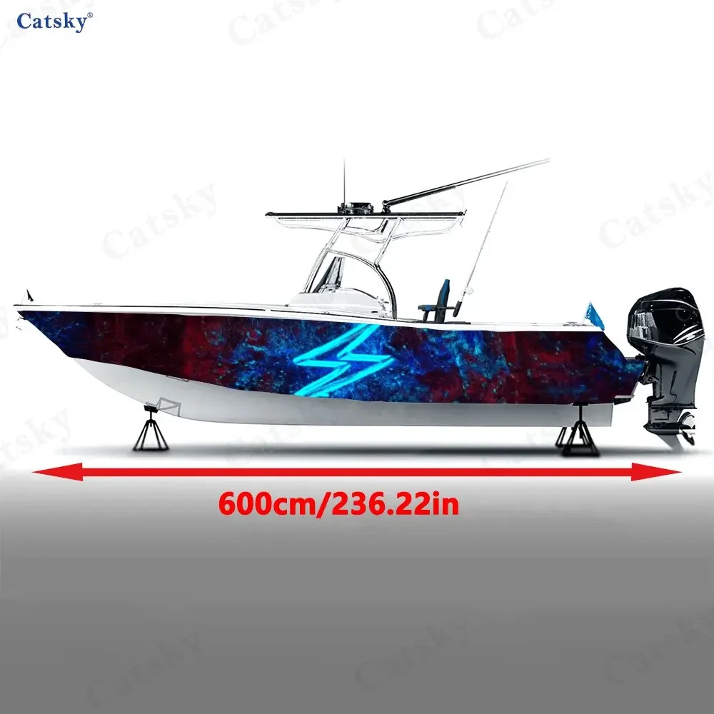 2Pcs Red & Blue Lightning Boat Hull Decal, PVC Waterproof Durable Vinyl Wrap Decals for Fishing Boat, Durable and Stylish Design
