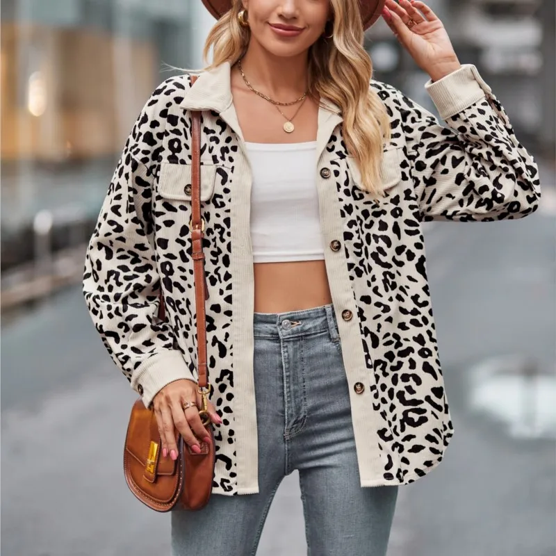 

Autumn Winter Women's Solid Leopard Printed Jacket Fashion Trend Long Sleeved Jacket With Buttons Women Warm Street Style Jacket