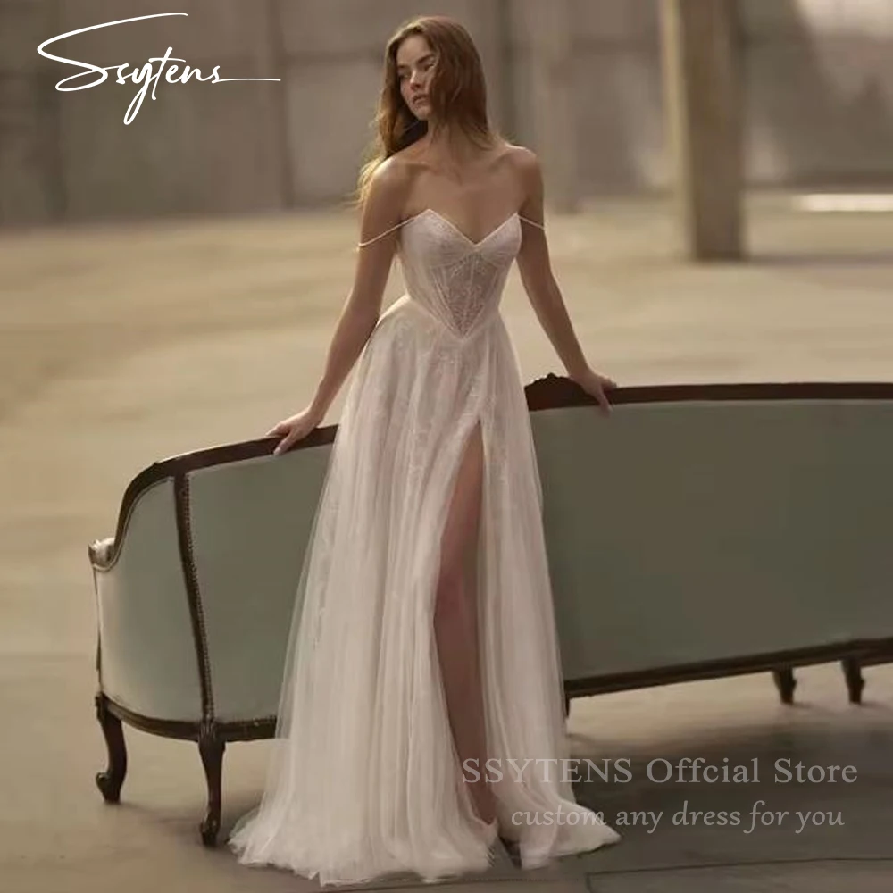 

SSYTENS Sexy Beach A-Line Wedding Dresses Spghetti Straps Lace Split Bridal Dress Princess Tulle Civil Wedding Gowns Customized