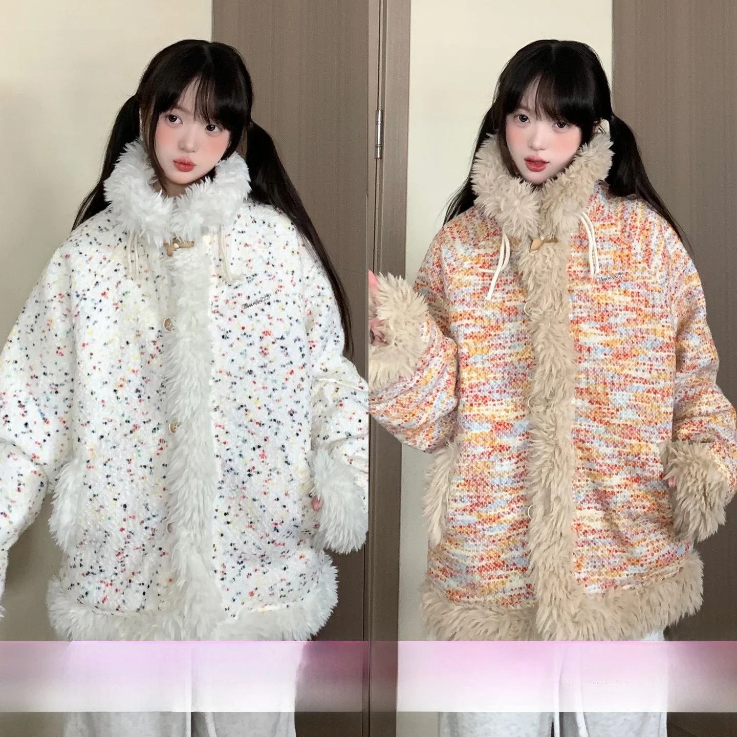 

EZEK American Retro Thiened Lamb Fur Patchwork Women's Winter Coat Loose Cotton Jaet Small Fraance Sle Trendy