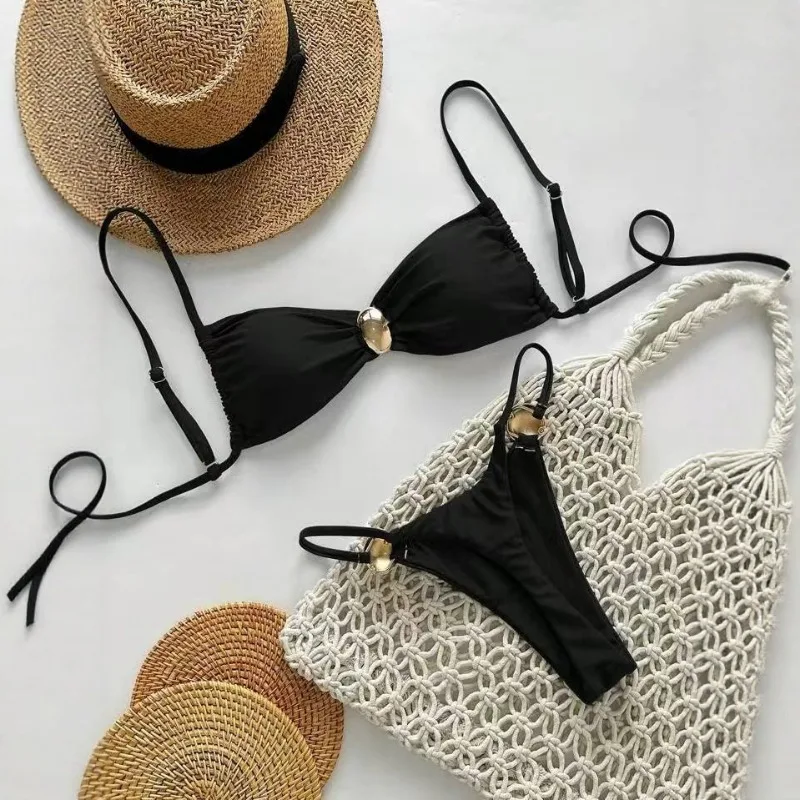 

Новый однотонный комплект бикини из двух частей для женщин, сексуальный треугольный купальник из блестящей ткани, пляжный купальный костюм, танкини, женские купальники