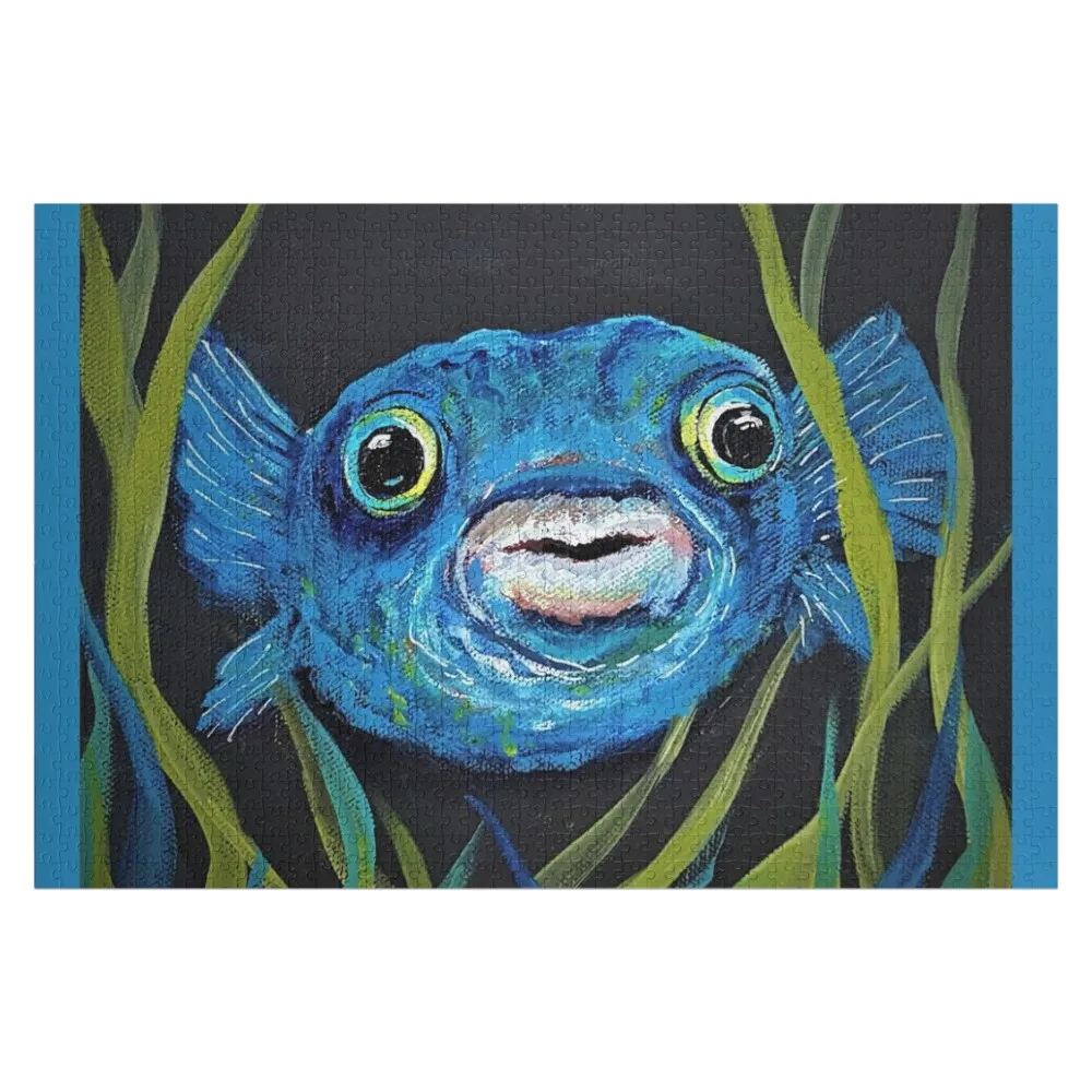 Blue Puffer Fish Fun Jigsaw Puzzle Custom Child With Personalized Photo Wood Photo Personalized Personalize Puzzle