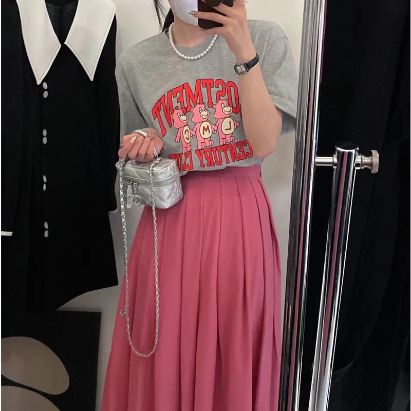 

Pink Skirt 2022 New Summer Raspberry Color A-line Large Swing Skirt High Waist Drape Pleated Skirt Women's Mid-length Dress