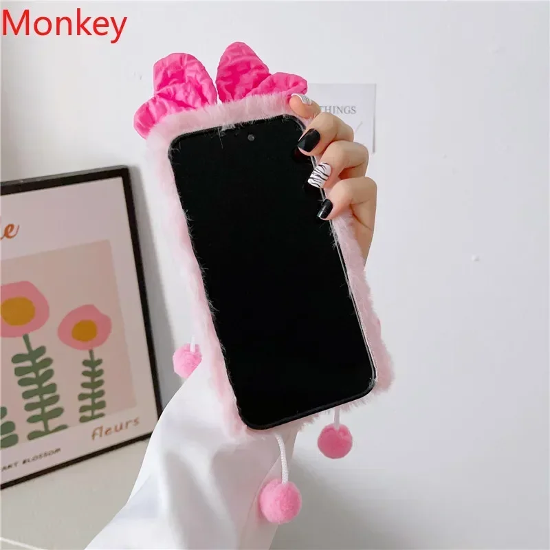 Plush Fur Cover Korea Pink Cute Cartoon 3D Bow Soft Case For VIVO Y100 Y22 Y78 Y36 Y35 Y38 Y28 Y27 Y20 Y18 Y17S Y16 Y15S Y03 Y02