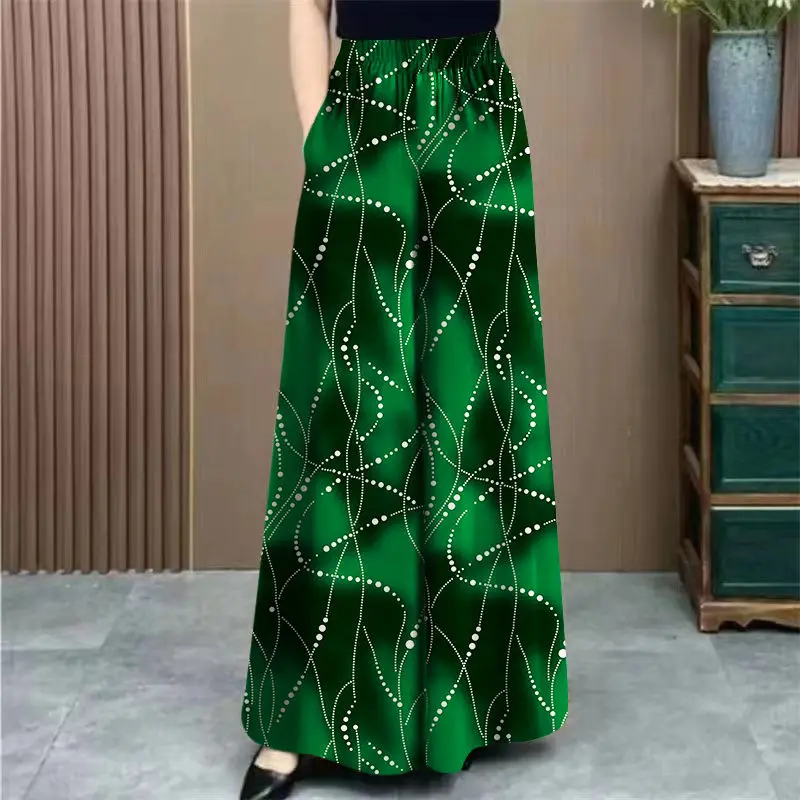 Ice Silk Floral Wide-leg  in Summer New High-waisted Slim Casual Temperament Mother Pants Skirt