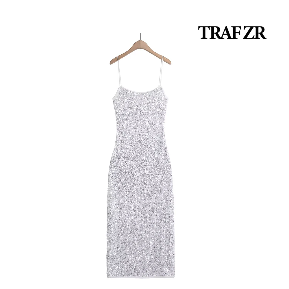 

TRAF ZR Elegant Sequins Gowns Party Dress Slight Strech Camisole Robe Vintage Summer Dress Midi Dresses for Women Y2k Dress