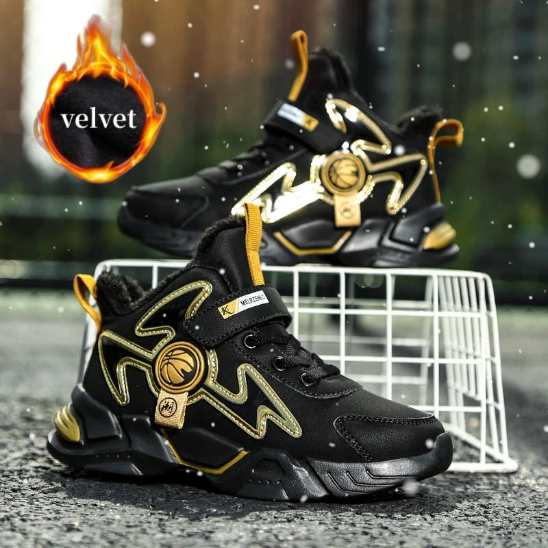 

Winter Plush Running Shoes Boys Outdoor Warm Comfy Leather Children's Sports Shoes Boys Non-slip High Top Sneakers Kids Trainers