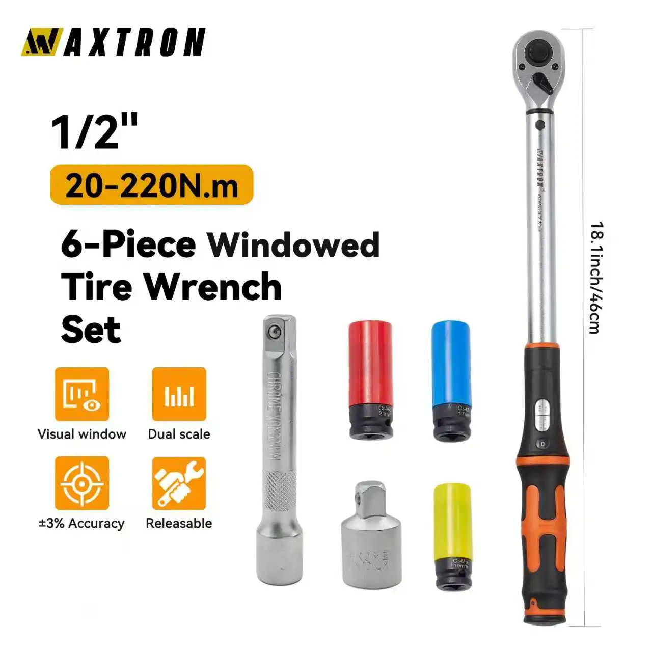 

Динамометрический ключ Waxtron 1/2'' с оконным индикатором, 20-200 Н·м, 6 шт., высокоточный регулируемый динамометрический ключ для ремонта автомобилей, хит продаж