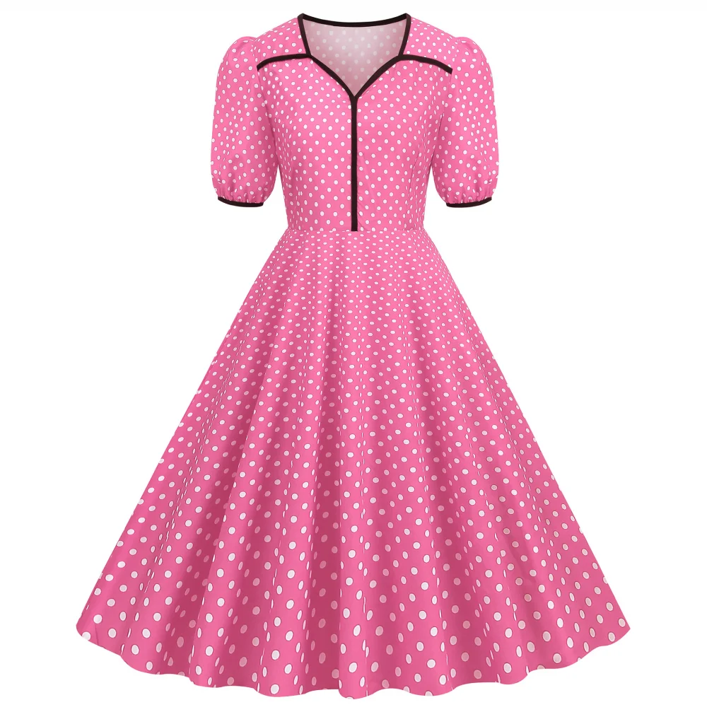 Gaun Prom Rockabilly Polka Dot Antik 50S 60S Kerah Takik Wanita Gaun Midi Pesta Ayun Koktail Kerah V Lengan Pendek