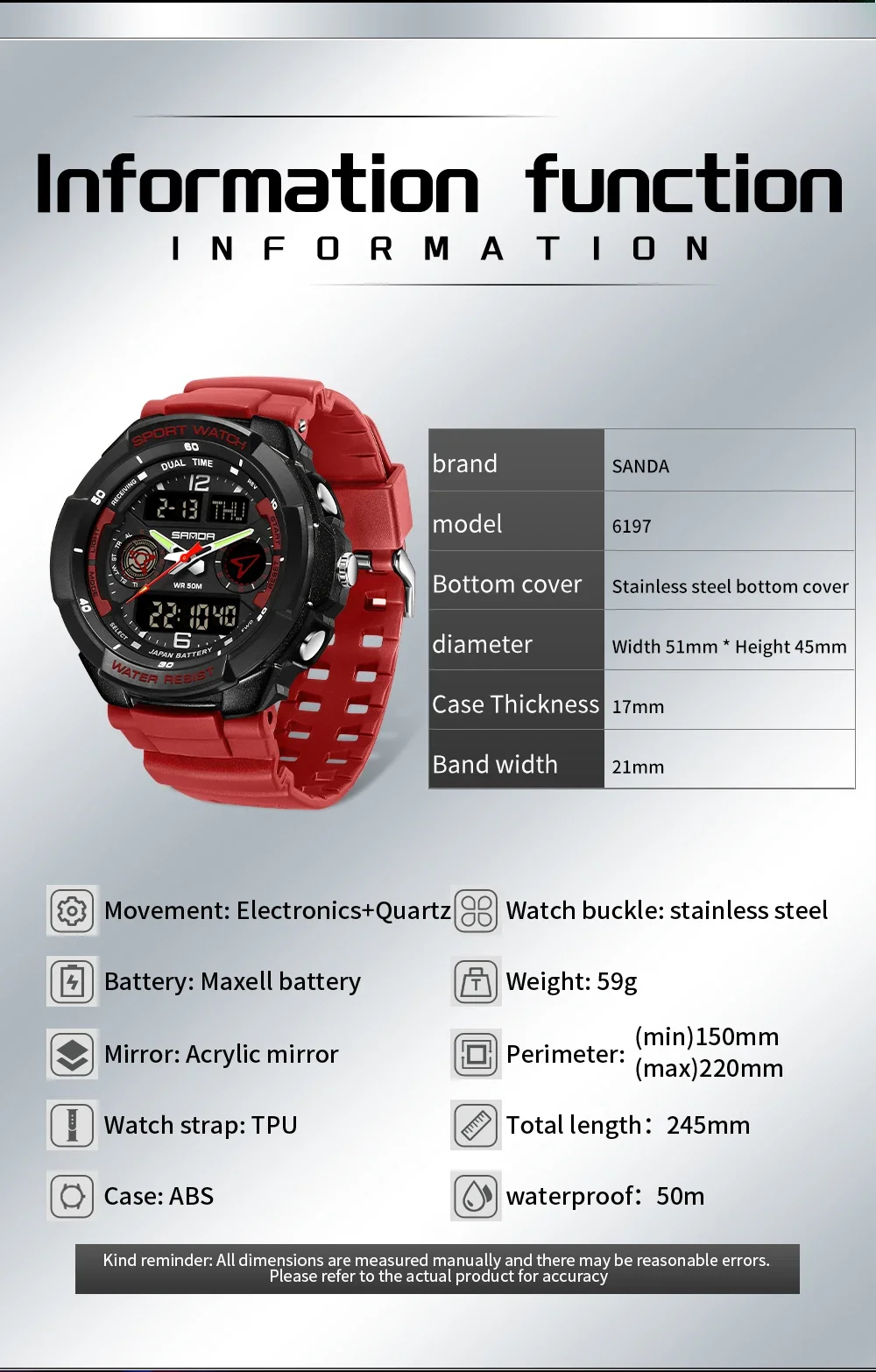 SANDA 6197 トップクラスメンズ韓国学生電子時計スポーツ多機能目覚まし時計防水メンズ腕時計 2024
