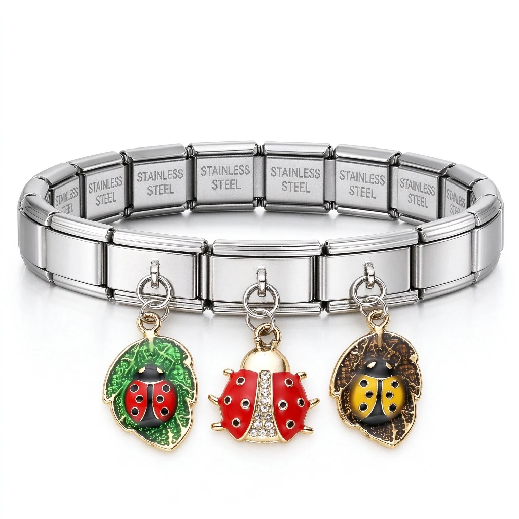 Cute Cartoon Ladybug Italian Charms 9mm Stainless Steel Pendant Links Modular DIY Bracelet Jewelry Making Gift Women Kids