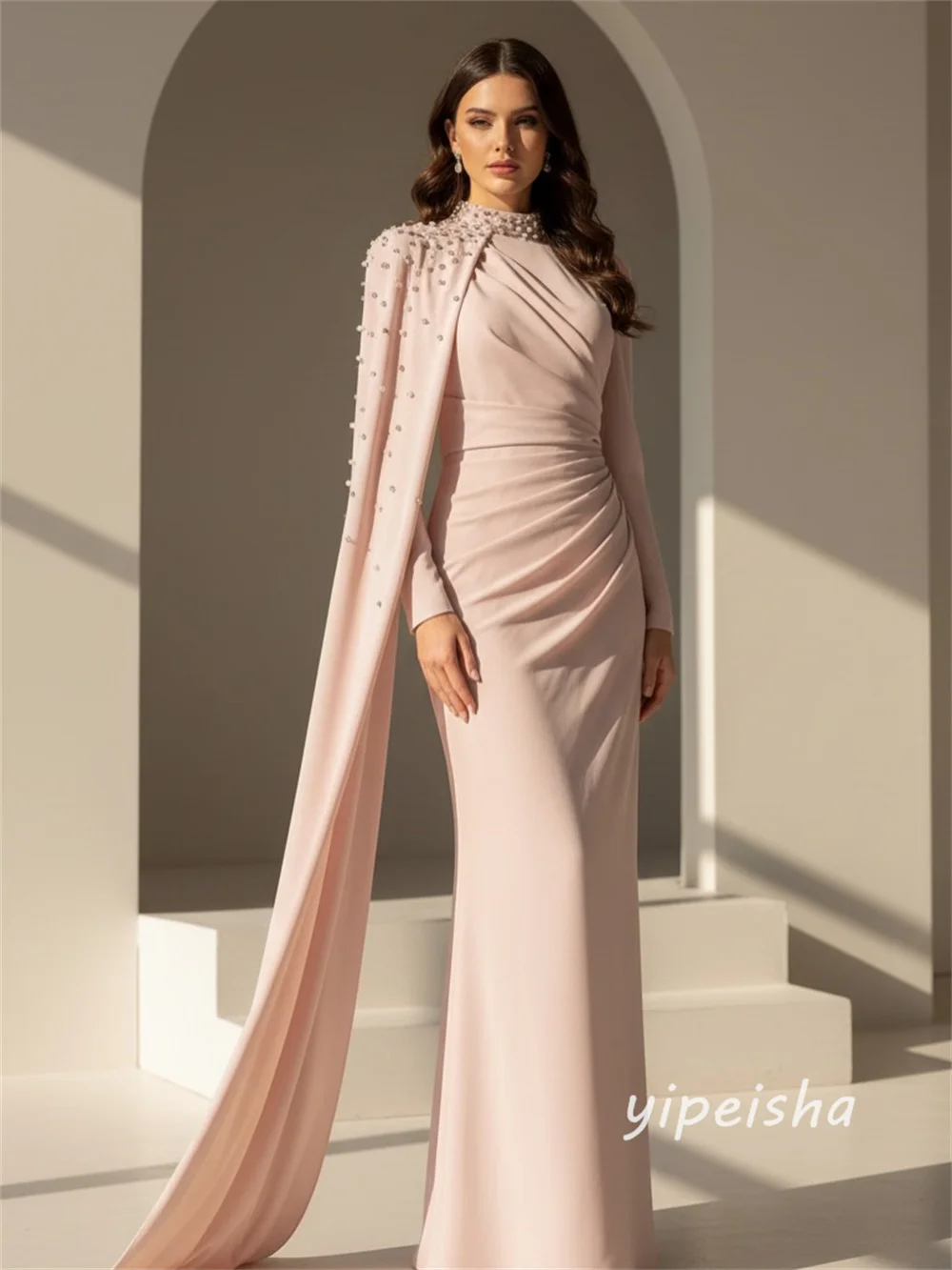 Sukienki wieczorowe dla kobiet, szyte na miarę, wykwintne, eleganckie, z dżerseju, zdobione perłami i kryształkami, drapowane, o kroju litery A, z wysokim kołnierzem, długie, modne.