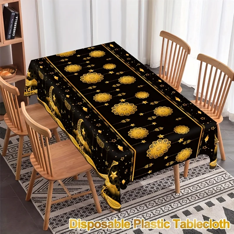 1pc Black & Golden Eid Mubarak Disposable Plastic Tablecloth, 51.18*86.61inch Moon & Lantern & Star Pattern Black Table Cover, M