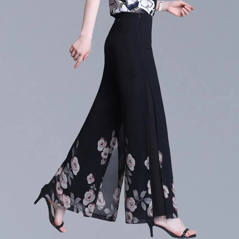 Double Layer Printed Chiffon Wide Leg Pants For Women\'s Summer New High Waisted Loose Dance Swing Pants Drooping Skirt Pants LA