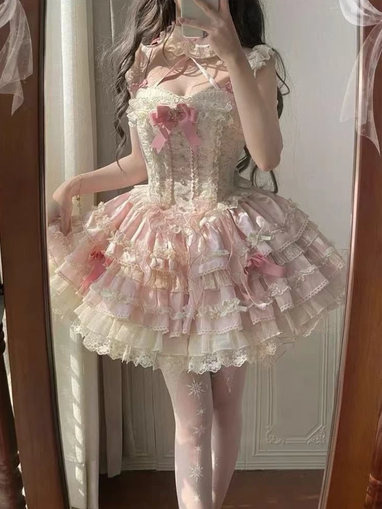 Słodka Sukienka Lolita w Kolorze Różowym dla Kobiet, Projekt Kawaii, Patchworkowa, z Kokardą, Koronkowa Sukienka na Ramiączkach, Moda Dziewczęca, Urocza, Śliczna Sukienka w Stylu Wróżki