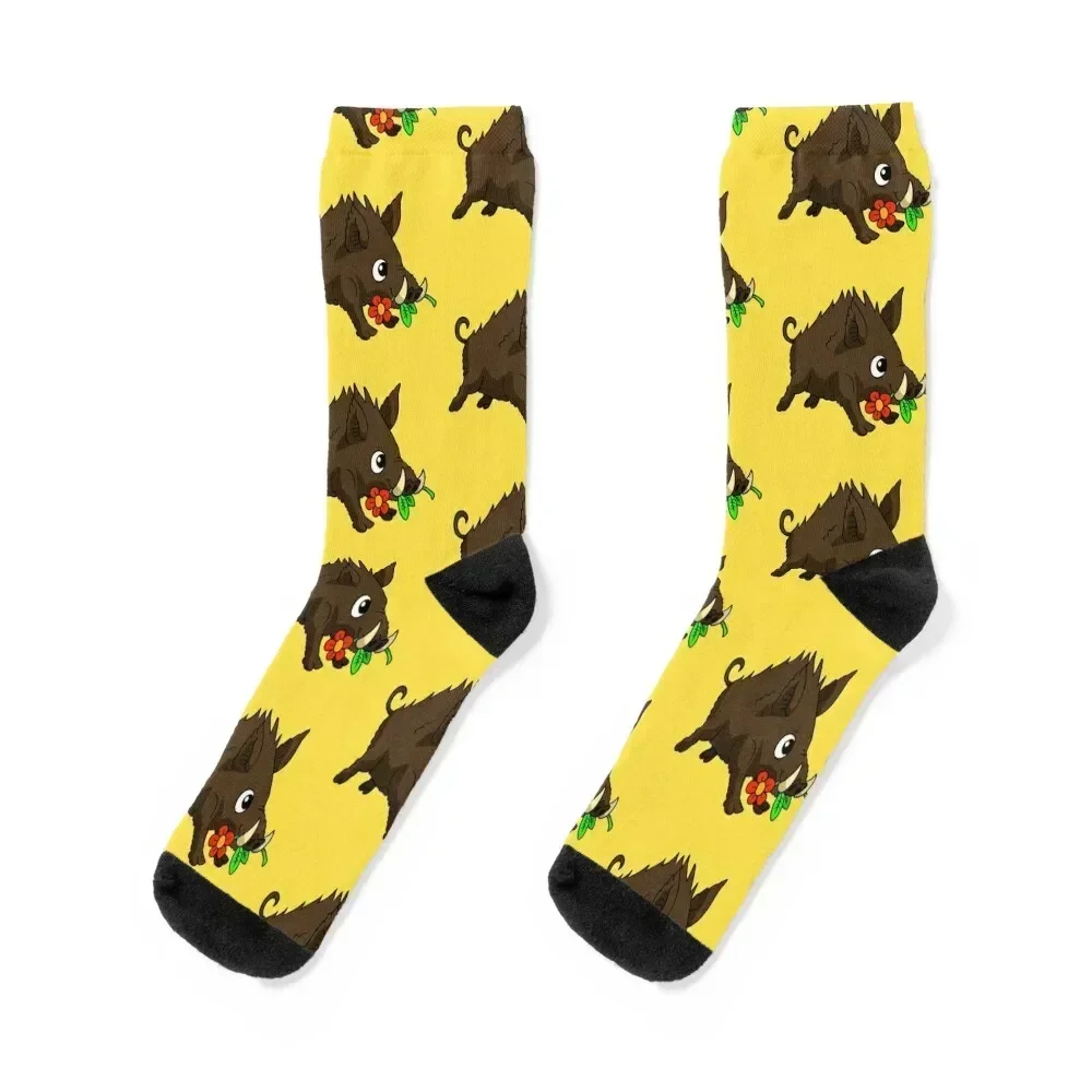 a cute wild boar pig with a flower. kawaii forest animal. Socks gifts man cute hiking Socks Male Women's