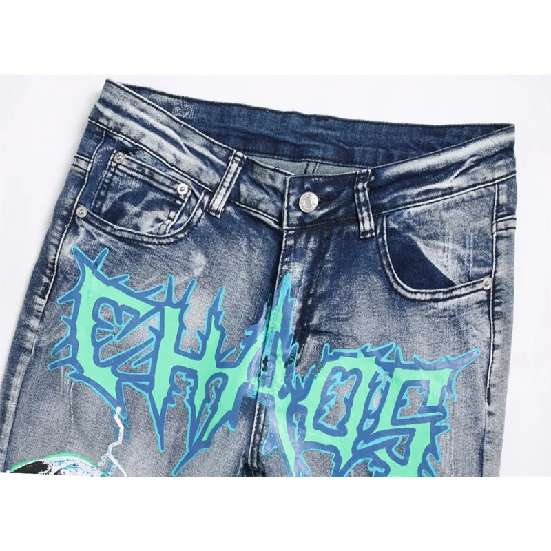 High street fashionable vintage print jeans men's slim fit skinny personality punk style nostalgic handsome motorcycle trousers