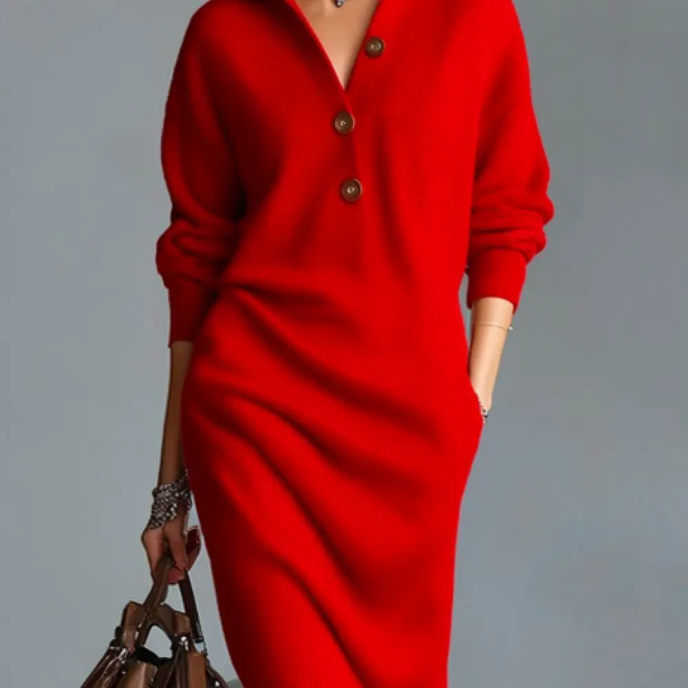 Women Autumn Sweater Dress Long Sleeve Lapel Button Up Loose Straight Ribbed Knit Midi Dress Fashion Casual Streetwear