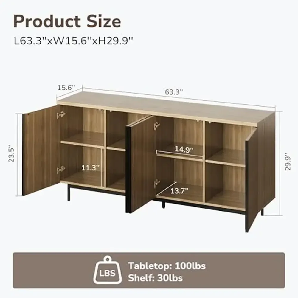 Modern Fluted Sideboard Buffet Cabinet Storage Console Table Dining Living Room Organizer 63