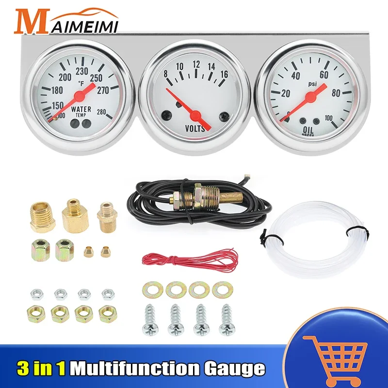 3 in 1 Car Meter Kit 52mm Voltmeter 8-16V Water Temp Oil Press Chrome Bezel Triple Gauge Set Instrument For Car Marine Trucks