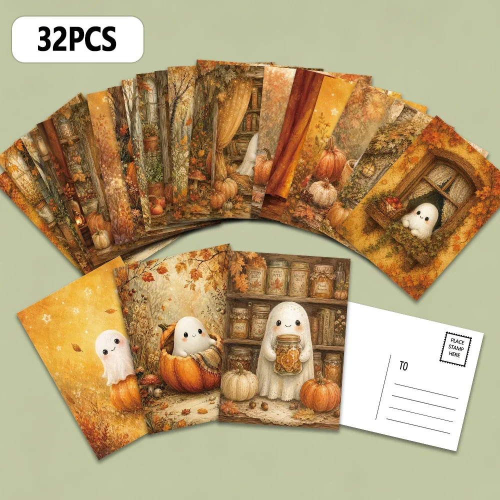 32pcs, Warm Brown Autumn Ghost Postcards, Wall Stickers, Mailing Cards, Greeting Cards, DIY Postcards, Commemorative Postcards, image 6