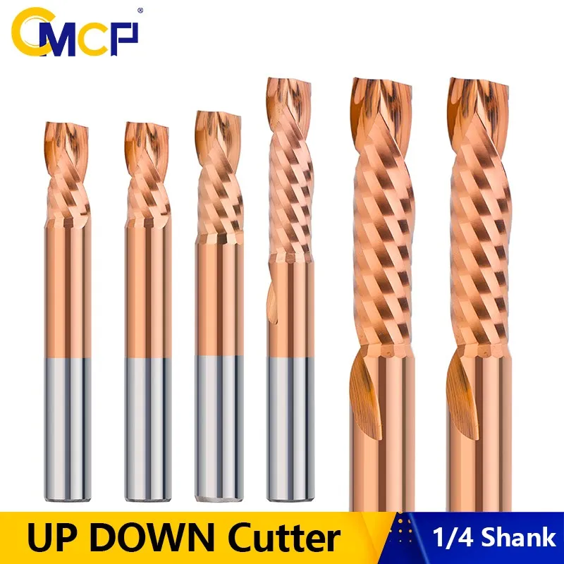 

CMCP Compression Milling Cutter 1/4 Shank (6.35mm) UP DOWN Cutter Carbide End Mill TiCN Coated CNC Router Bit for Woodworking