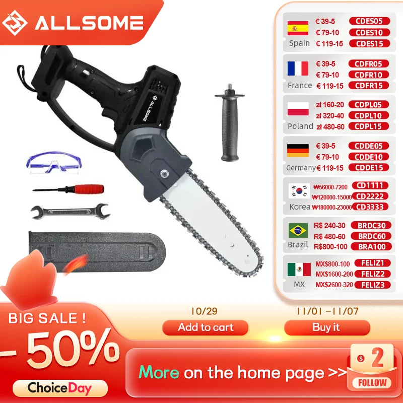 

ALLSOME 8 In. Mini Electric Cordless Chainsaw Handheld Chain Saw Pruning Shears for Tree Branch Wood Cutting