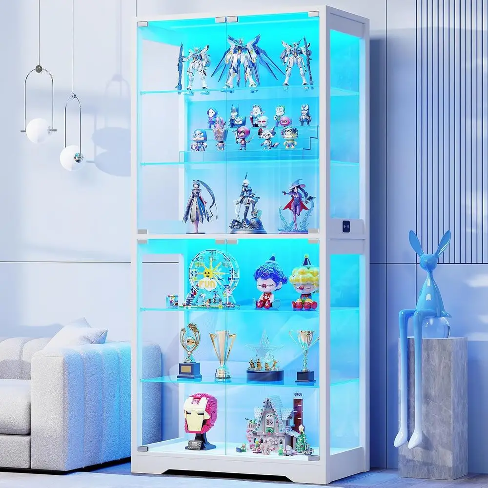 71 6-Tier Glass Door Display Cabinet with 3 Color Lights, Adjustable Shelves, Human Body Sensor, White