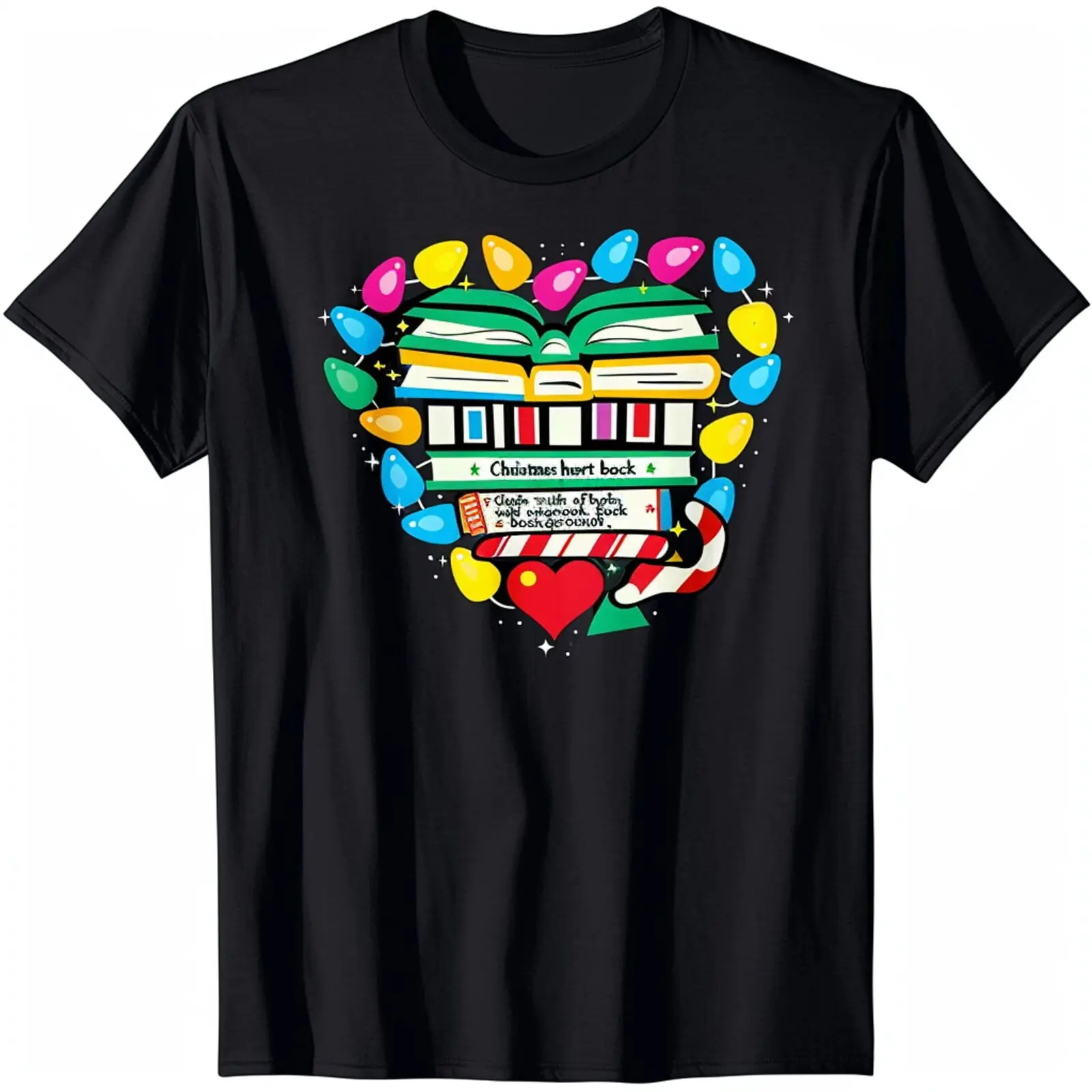 

Christmas Heart & Books Design Colorful Lights Black T Shirt