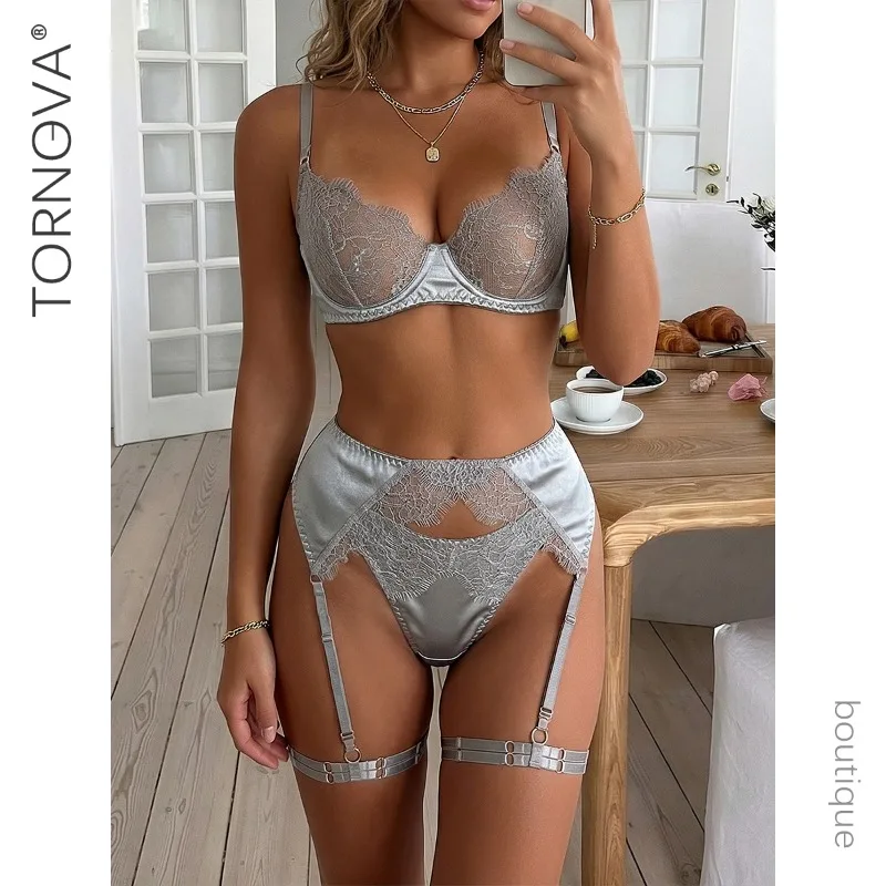 Tornova Erotic Lingerie Fashion New Arrival Satin Lingerie Sexy HollowOut Lace See-through Body Shaping Erotic Lingerie 4-Piece - Image 2