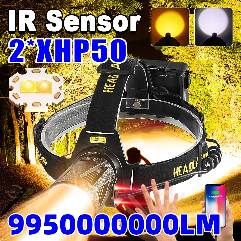 新型高出力ledセンサーヘッドランプ-995000000lm-強光-2-xhp50-ヘッドライト-長距離ヘッド懐中電灯-釣り・狩猟用ランタン