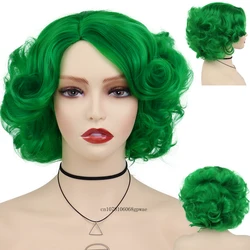 Green Curly Synthetic Hair Short Big Wavy Wigs for Women Heat Resistant Fiber Layered Wig Halloween Cosplay Daily Costume Use