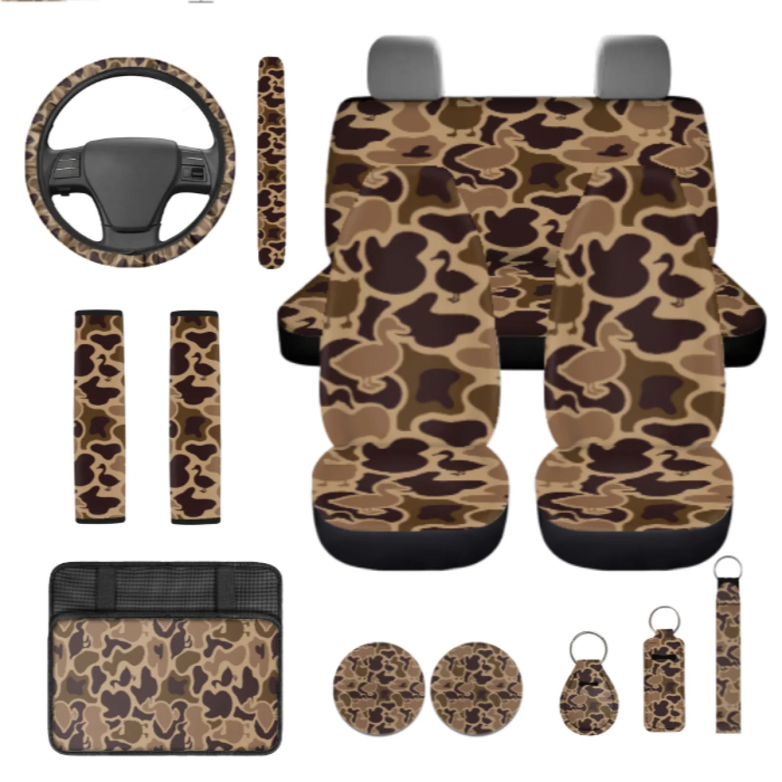 Coloranimal Duck Pattern 13 PCS Car Seat Covers Set with Elastic Lip Balm Pouch and Steering Wheel Cover for SUV
