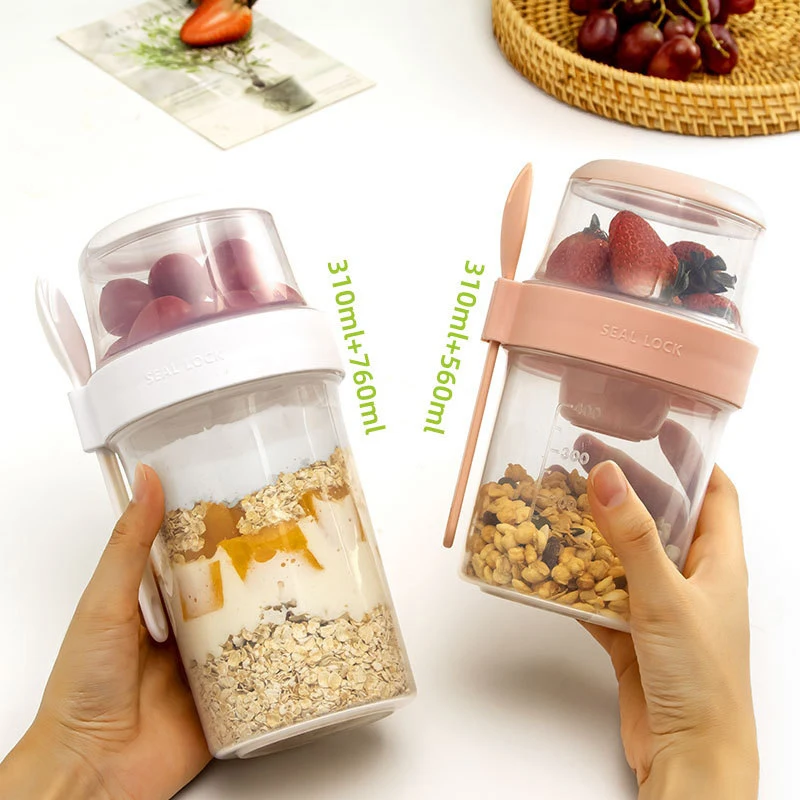 1PC Portable Salad Cup Double Oatmeal Cup Yogurt Nut Fat-Reduced Vegetable Fruit Box Cup With Lid Spoon Breakfast Cup Lunch Box