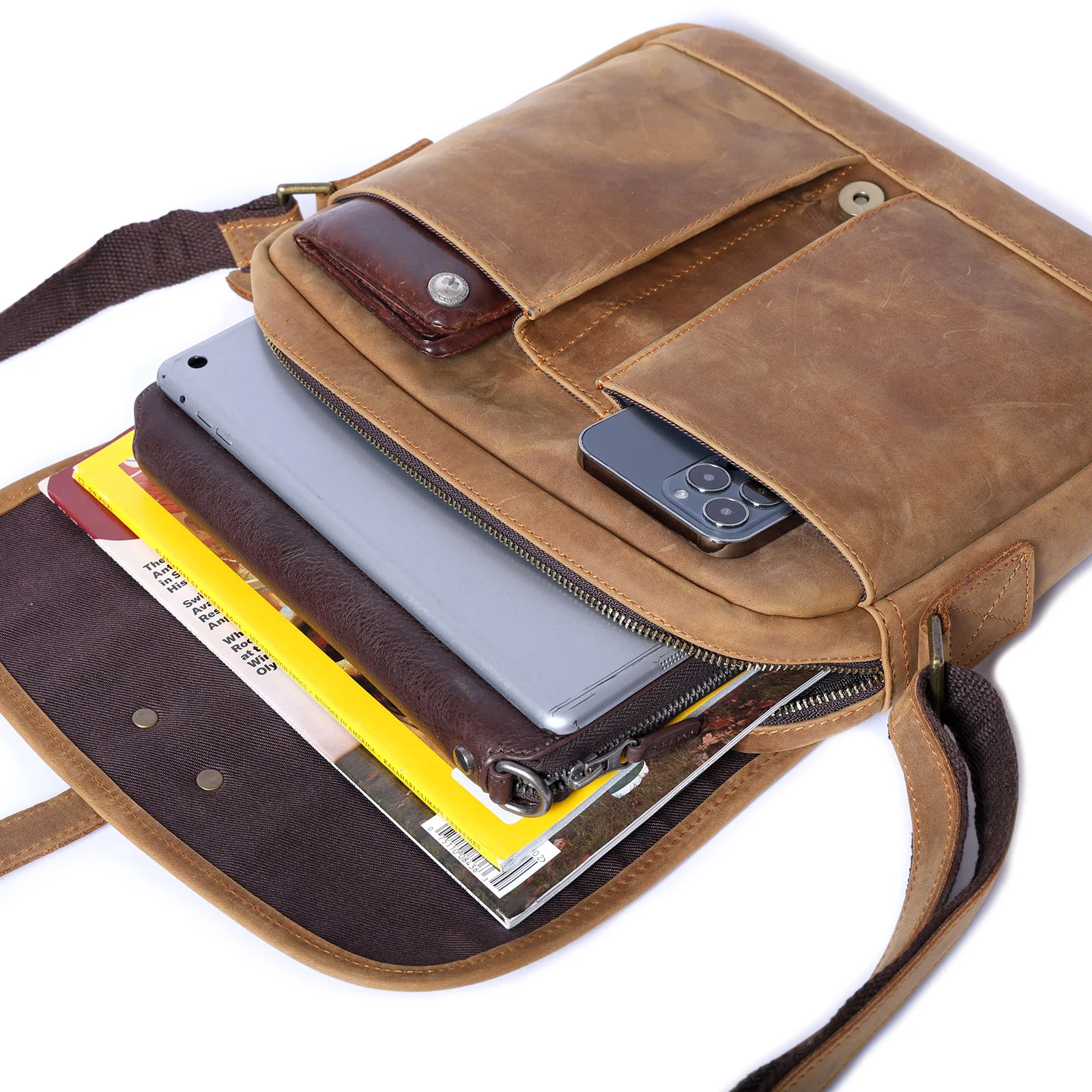 Echte Leder-Umhängetasche 11" Vintage Herren-Umhängetaschen Crazy Horse Leder Schultertasche Rindsleder Retro Mode Casual Pre – Detail 14