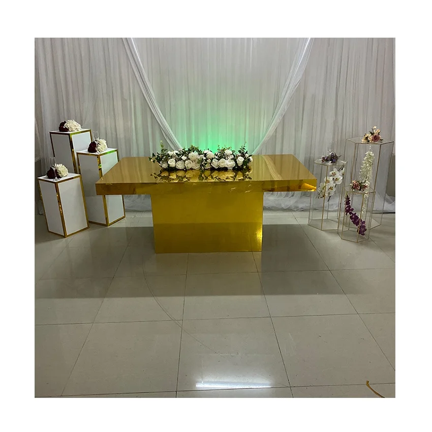 Furniture Rectangular Modern Design Wedding Banquet Decoration Mirror Gold Acrylic Buffet Table for Event Decoration