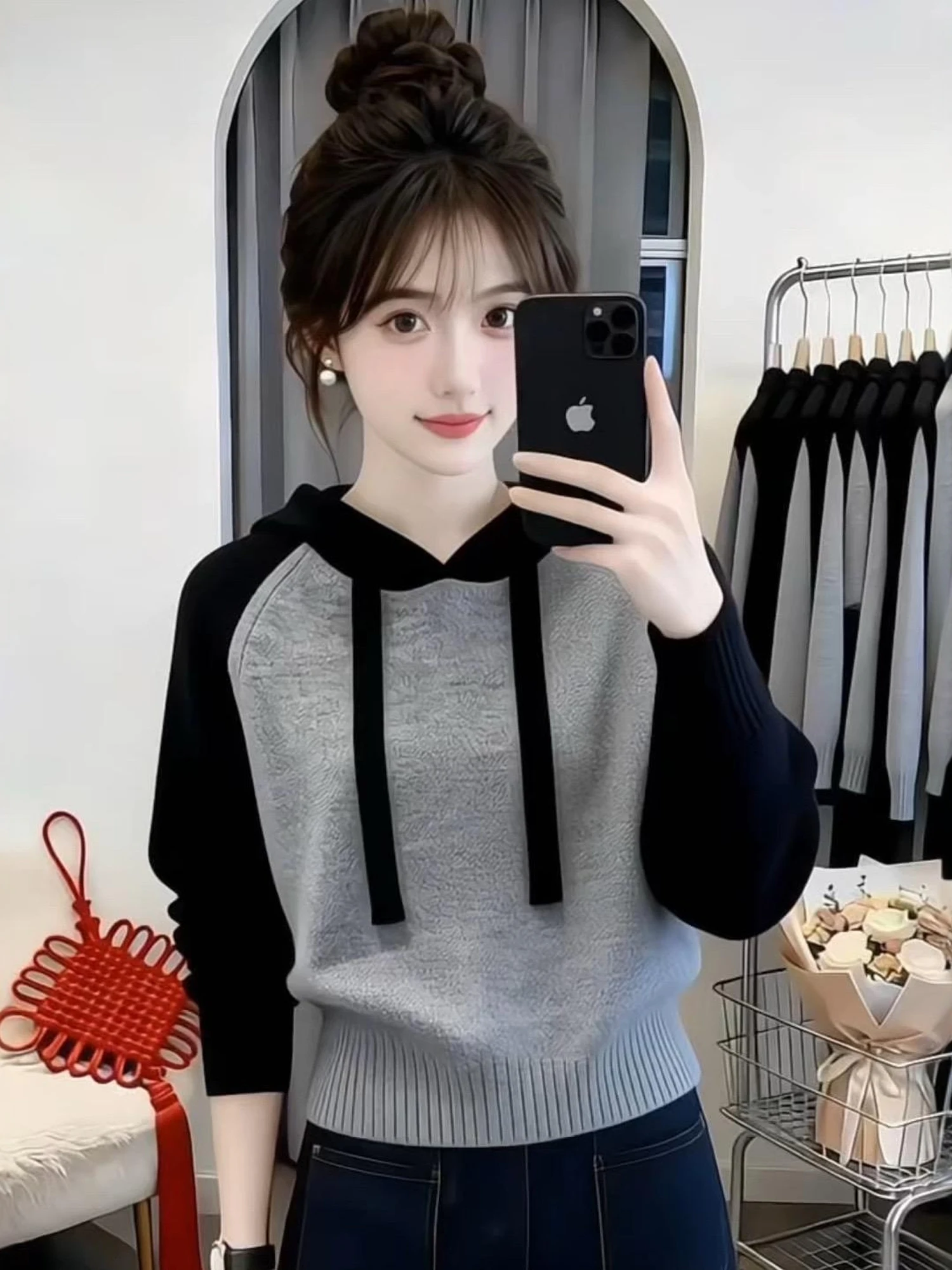 

Повседневный уютный вязаный свитер-худи в стиле колор-блок для женщин, осенне-зимняя новинка, модный приталенный свитер для ношения под одеждой