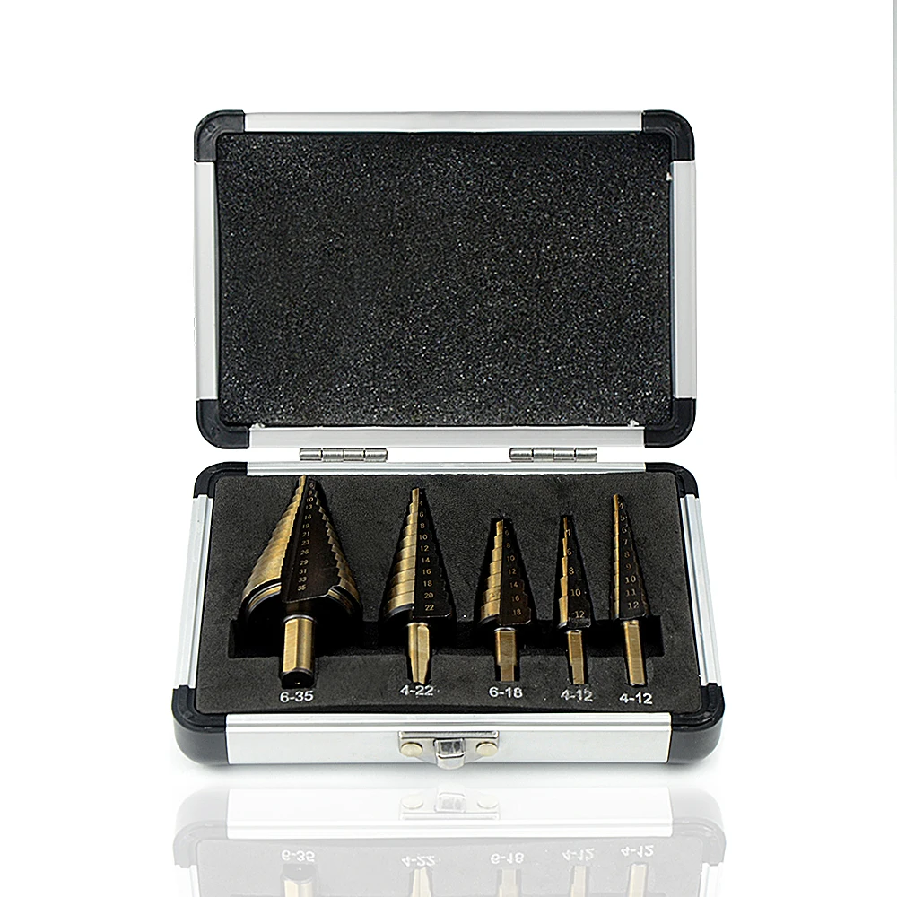 GROSAM-Juego de brocas escalonadas de cobalto, 5 piezas, métricas, Hss, orificios múltiples, 50 tamaños, con caja de aluminio