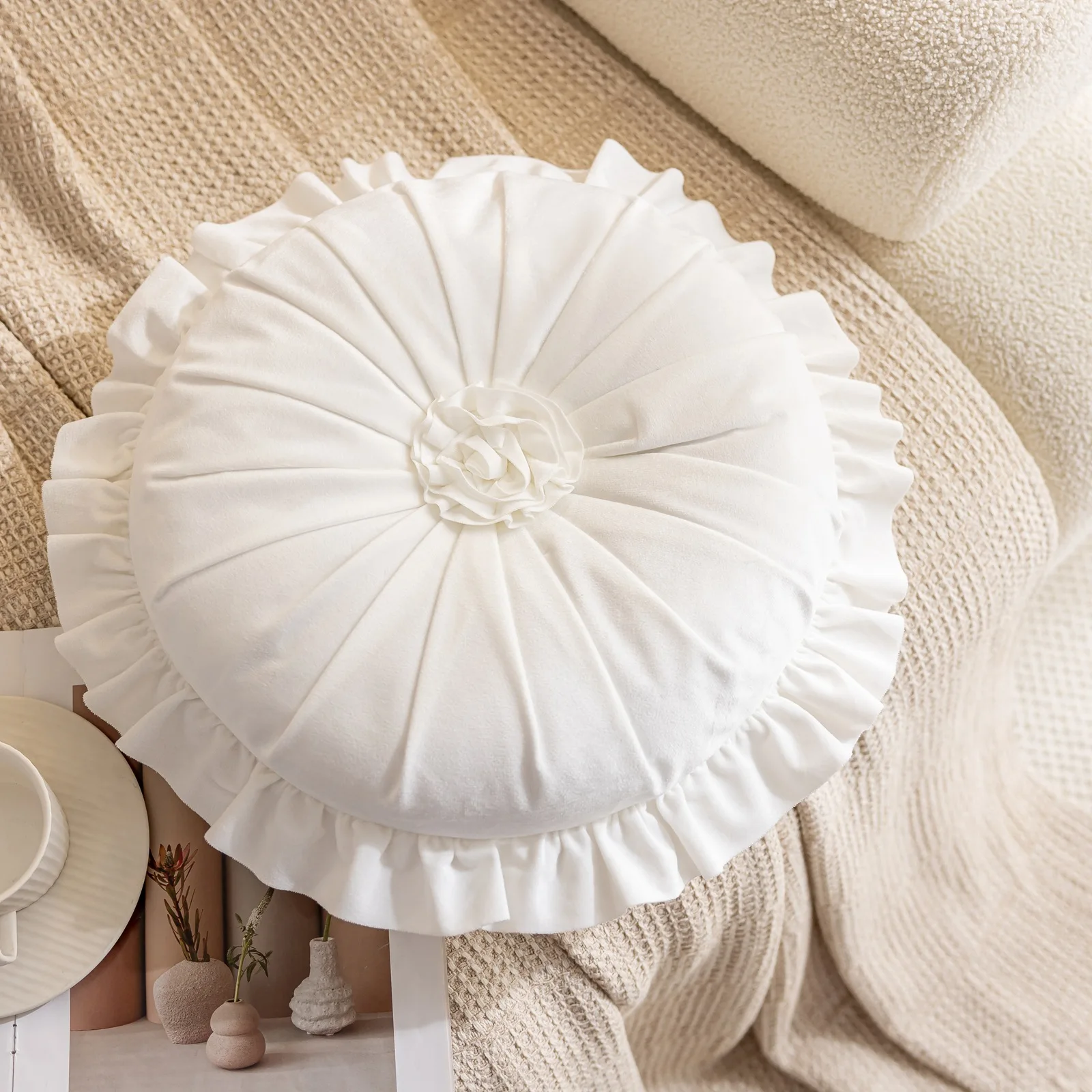 Nordic Dutch Velvet Ruffle Flower Round Throw Pillow for Couch Decorative Seat Back Cushion for Sofa Bed Floor Baywindow Coussin