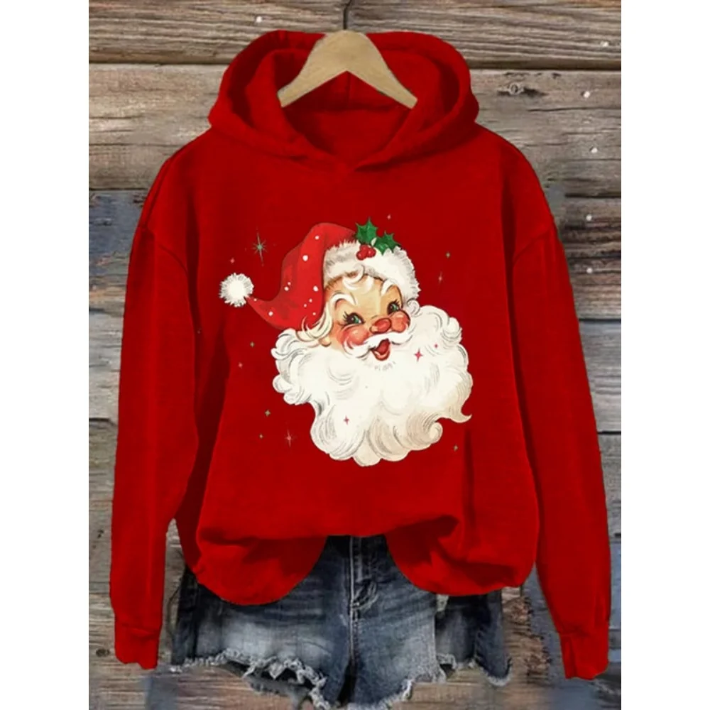 2024 Christmas Hoodies For Women\'s Funny Santa Claus Long Sleeve Hooded Sweatshirts Woman Autumn Clothing Holiday Casual Hooded