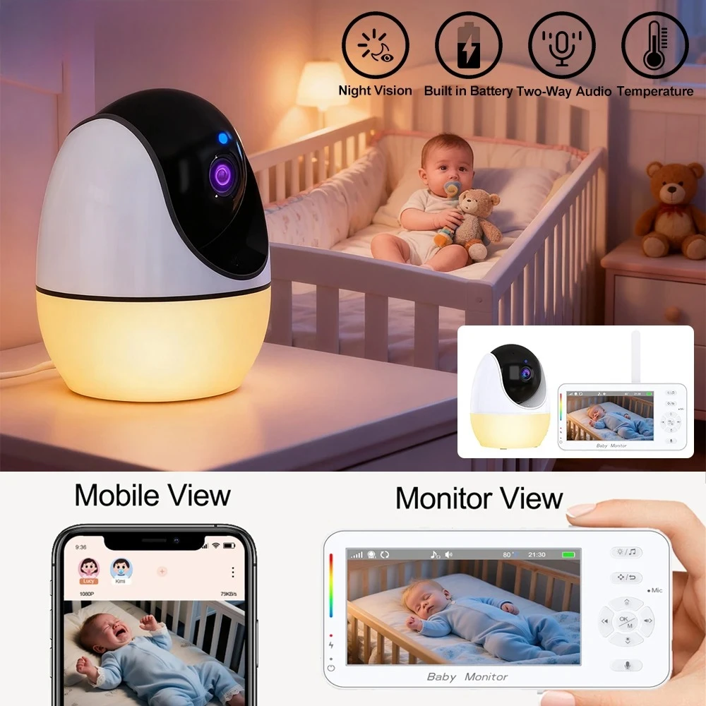 1080P Baby Monitors 4.3‘’ 4X Zoom Camera Motion/Sound Detect Nanny Night Light VOX APP & Wireless Monitor Dual Control Babyphone