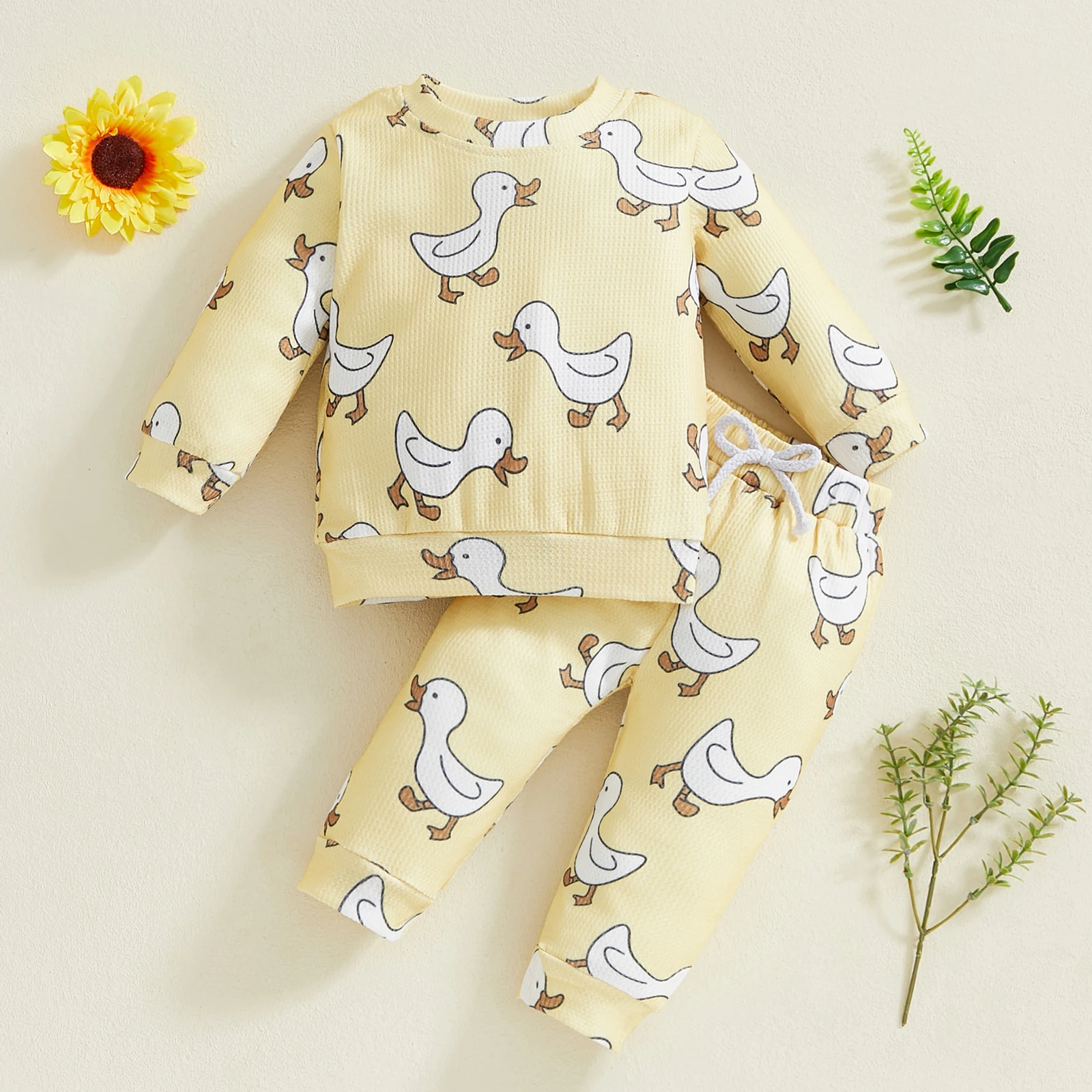 

Baby Boy Girl Fall Outfits Duck Print Long Sleeve Round Neck Sweatshirt with Long Pants Waffled Clothes Set