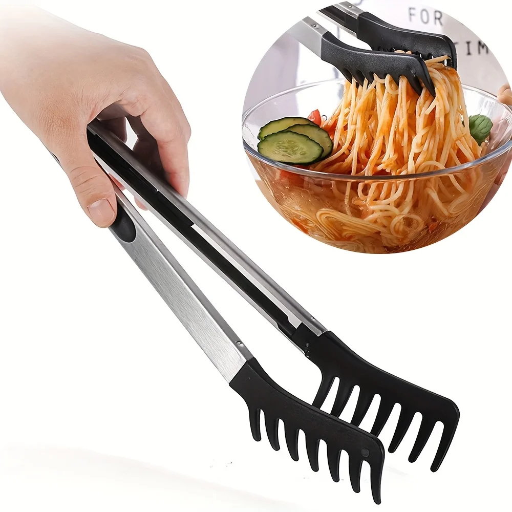 Pinzas para alimentos de mango largo de 10 pulgadas para pasta, ensalada y espaguetis, pinzas para asar de acero inoxidable con mango resistente al calor